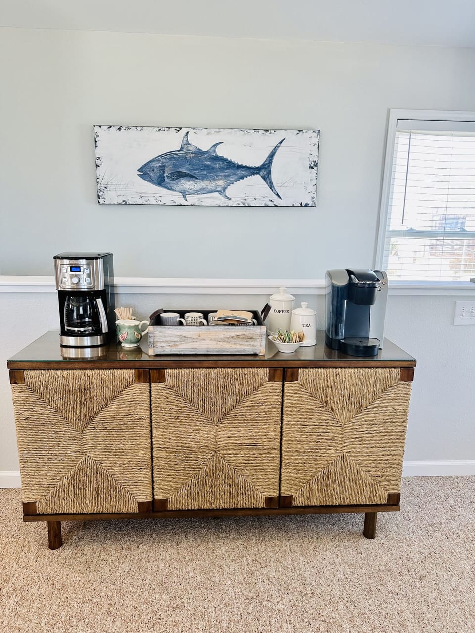 Coffee bar with Cuisinart 14 cup coffee maker and Keurig. Assorted coffee & teas