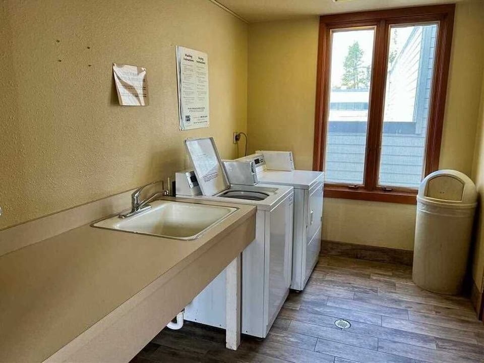 A laundry room with a sink, two washing machines, and a dryer next to a window. There is a counter on the left and a trash bin on the right.