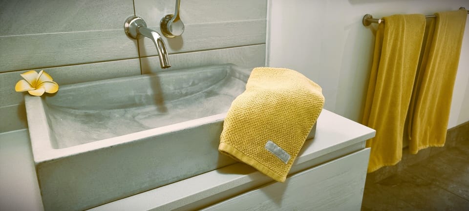 Concrete basin and 100% luxury cotton towels.