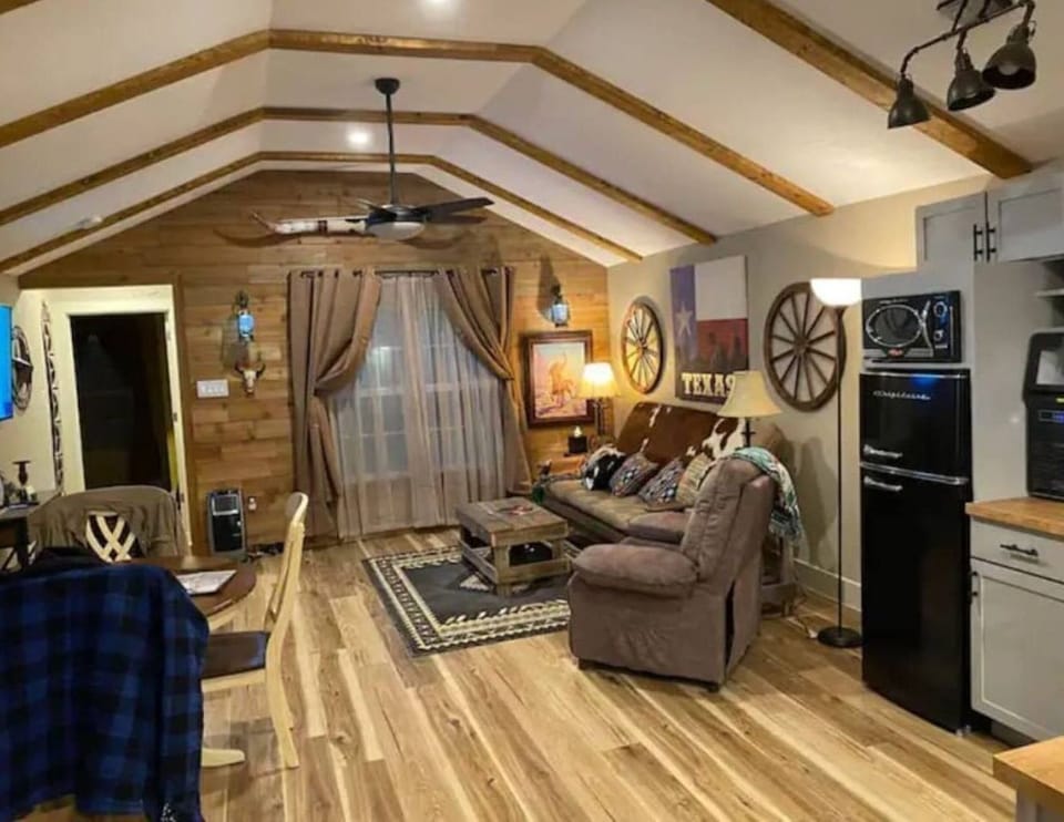 Cedar accent wall with cozy lantern lighting!