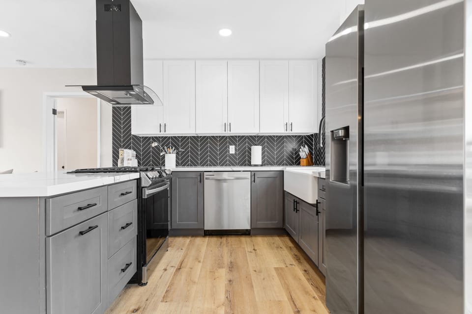 Kitchen, new stainless appliances and farmhouse sink. 