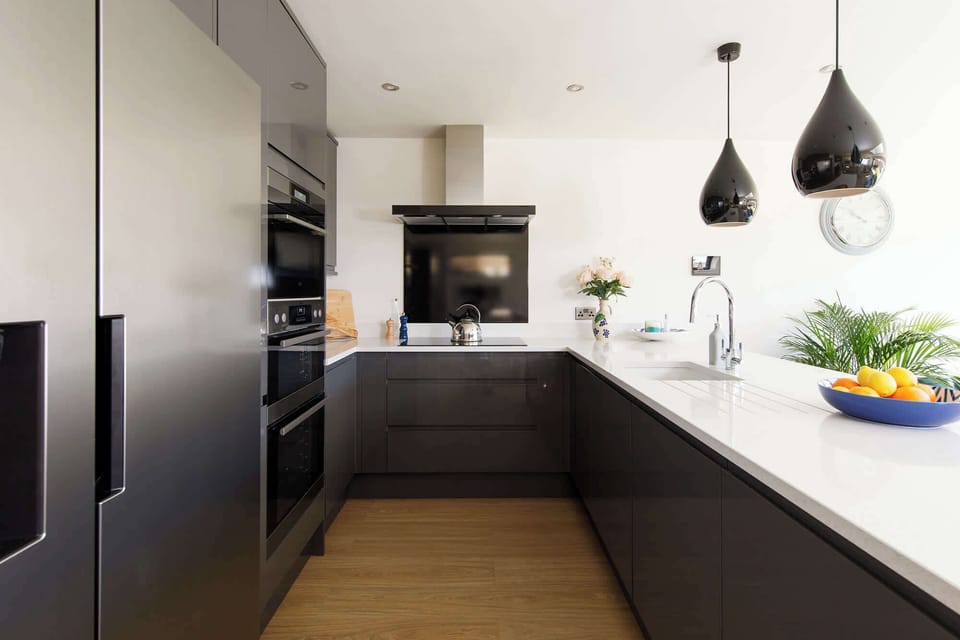 The Scandinavian style kitchen has everything you need for cooking.