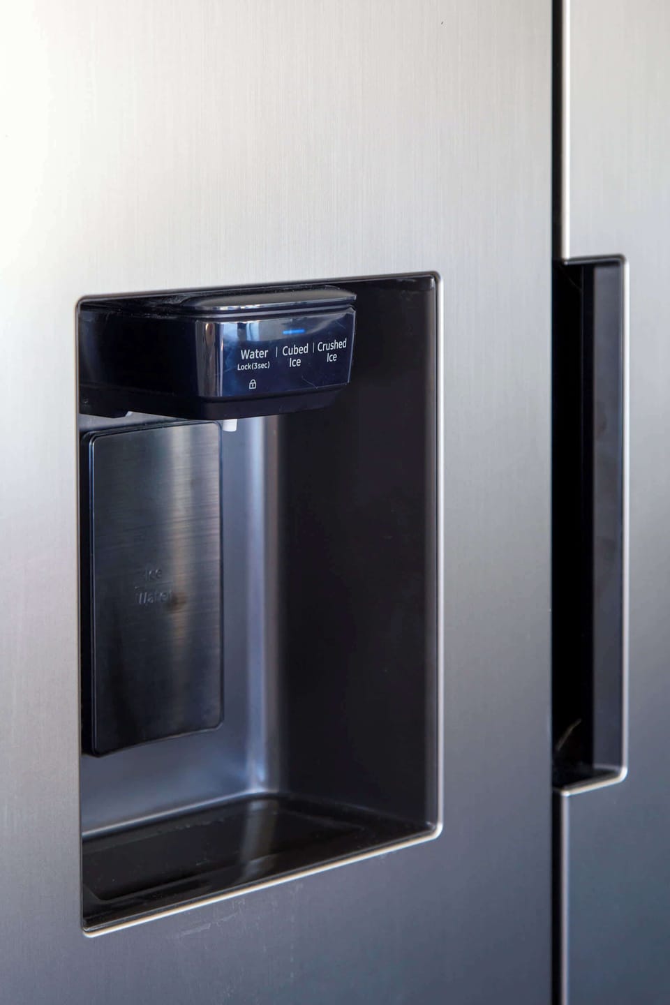 The fridge/freezer has an ice and water function.