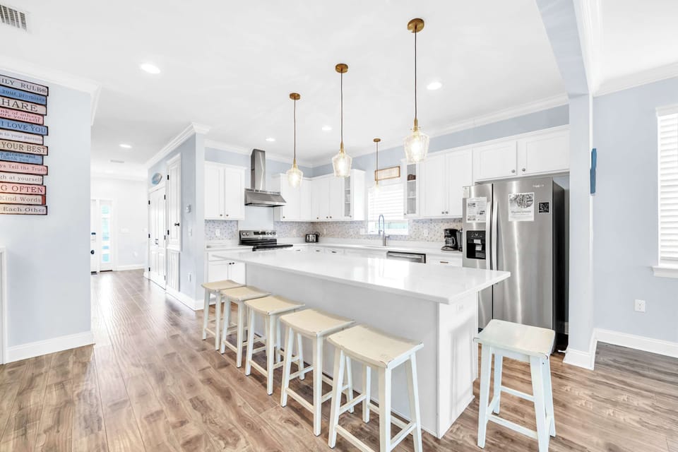 Classic & Elegant Stainless Steel Appliance Filled Kitchen, Large Granite Island