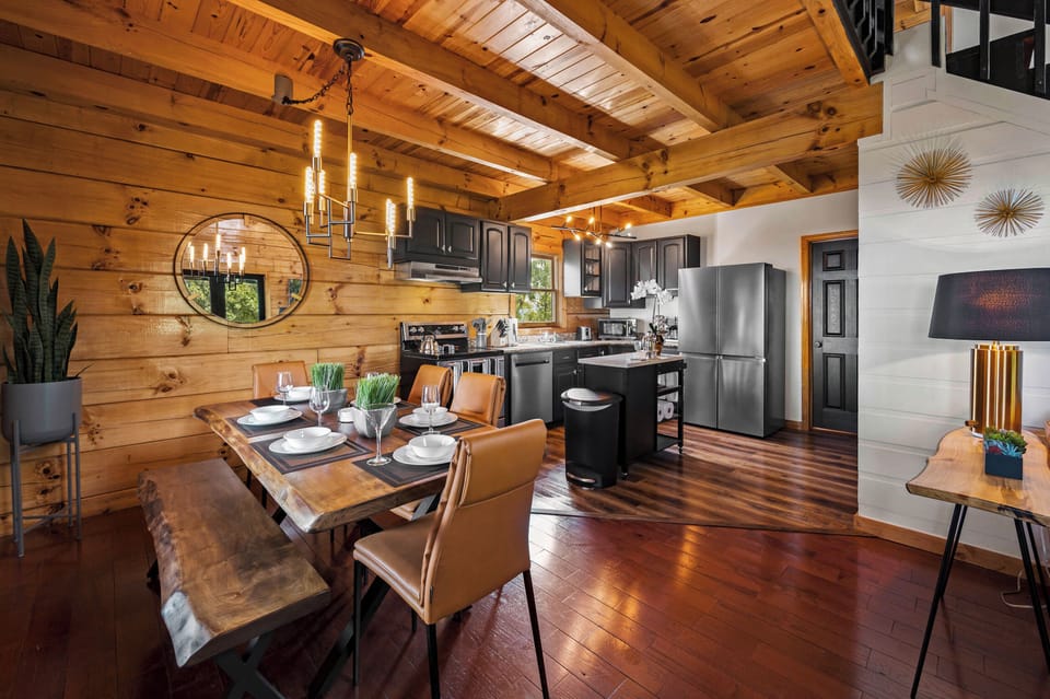 The dining space is conveniently located adjacent to the kitchen. 