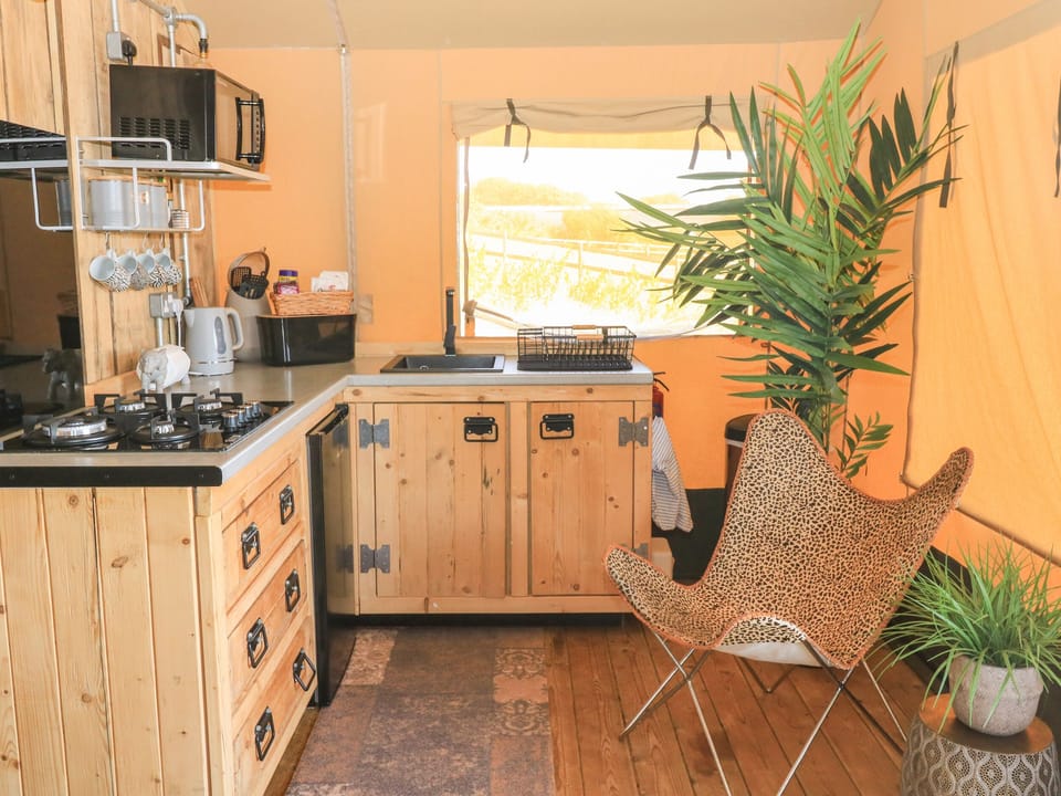 Fridge, electric kettle, cookware/dishes/utensils