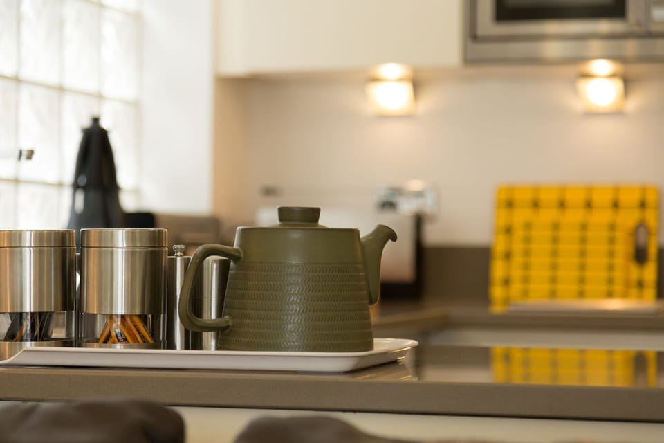 Fridge, dishwasher, electric kettle, cookware/dishes/utensils