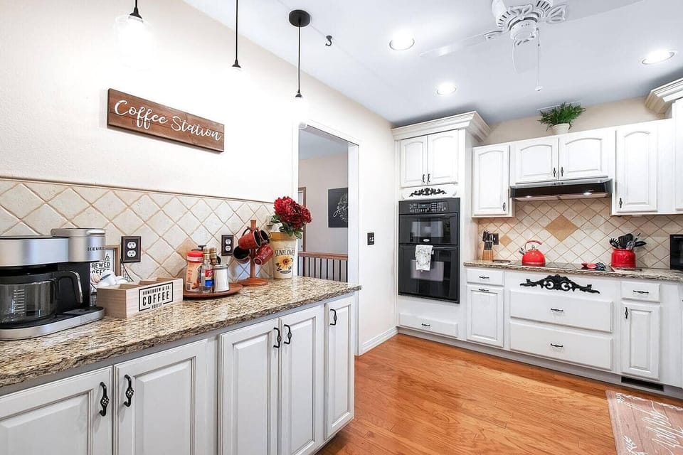 Beautiful Fully Stocked Kitchen, with coffee bar.