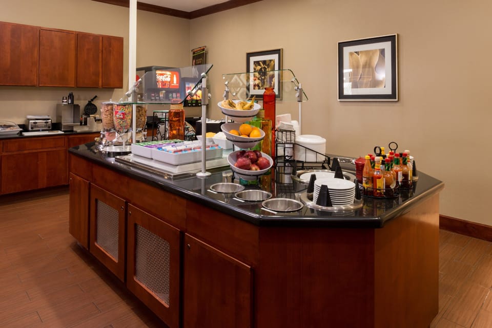 Dining area with self-serve breakfast counter.