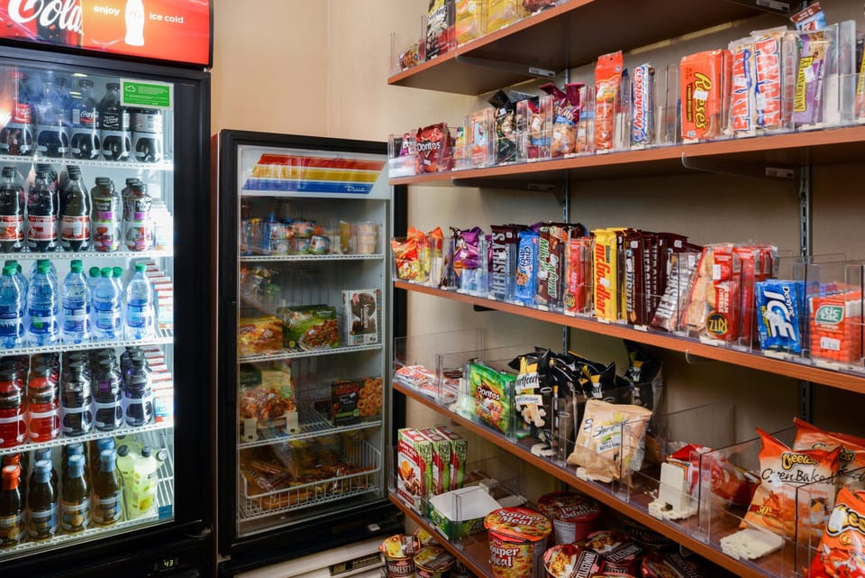 On-site pantry stocked with snacks and beverages.