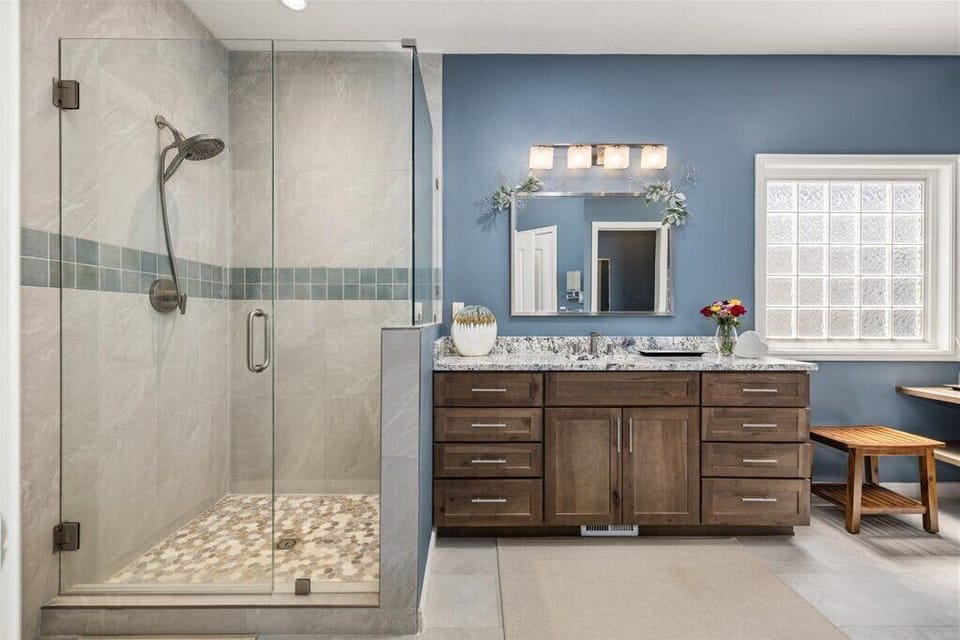 Newly remodeled primary suite bathroom