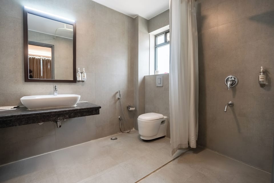 Shower, eco-friendly toiletries, hair dryer, slippers
