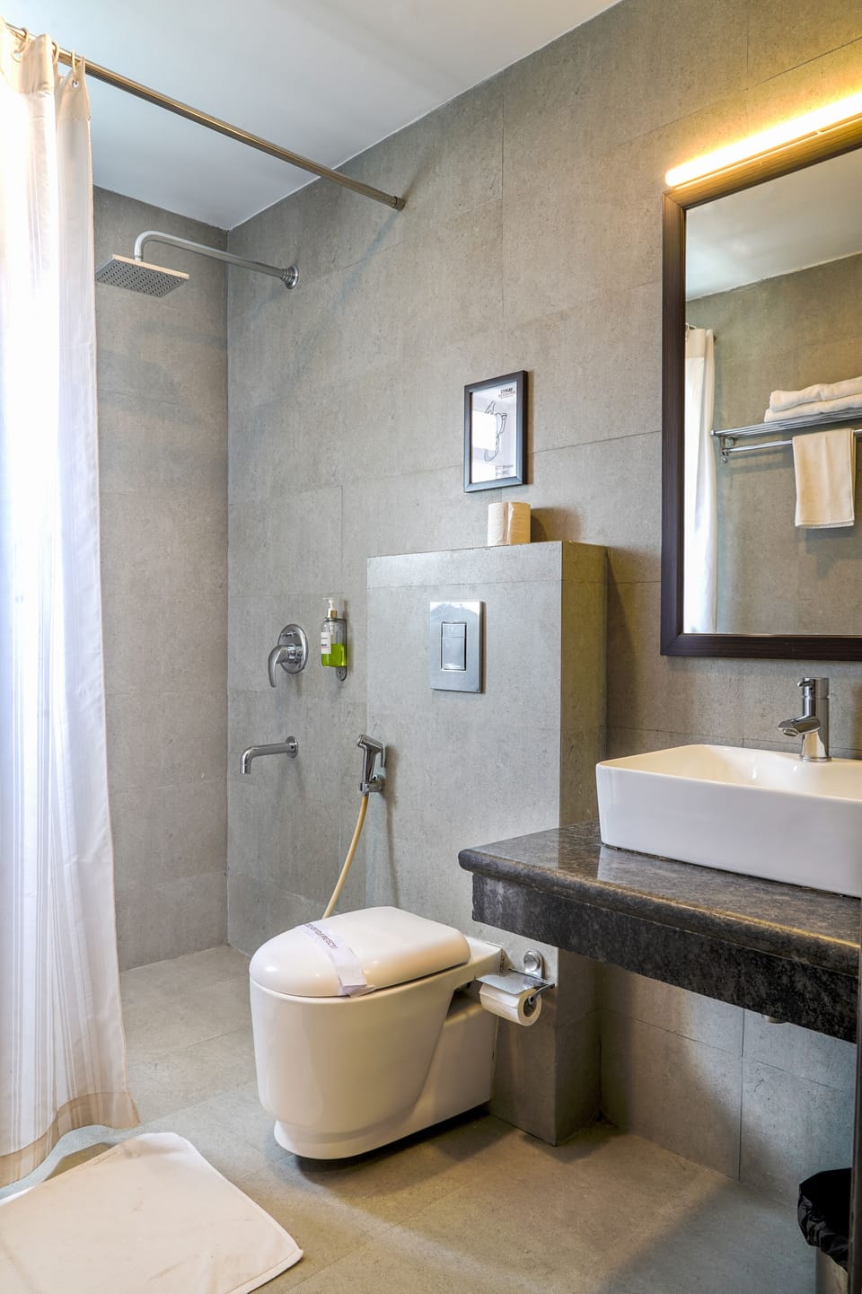 Shower, eco-friendly toiletries, hair dryer, slippers