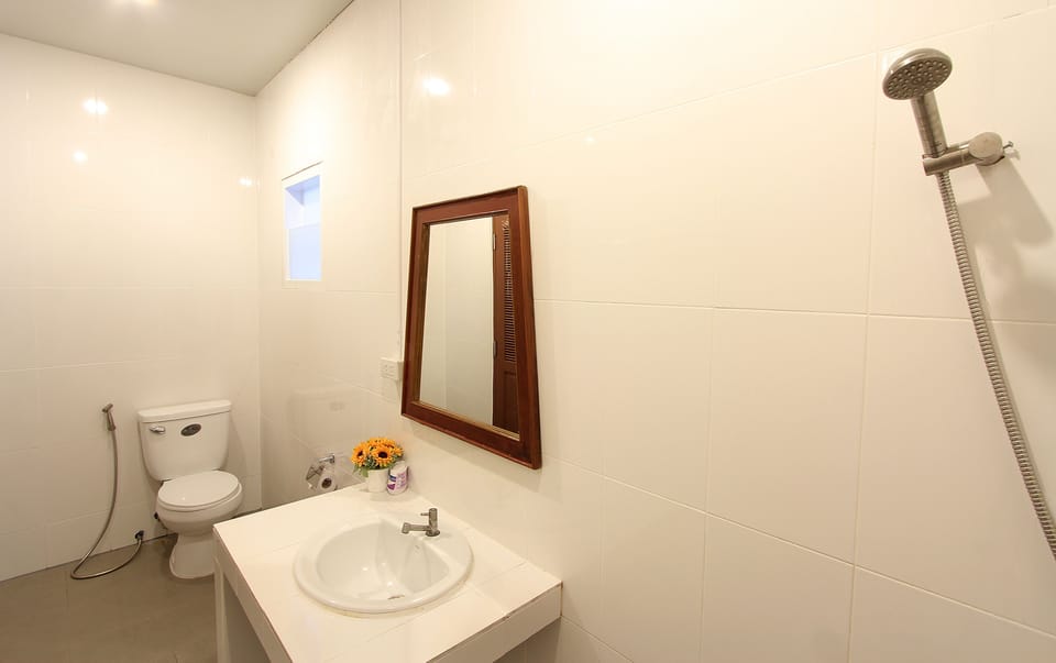 Shower, free toiletries, hair dryer, towels
