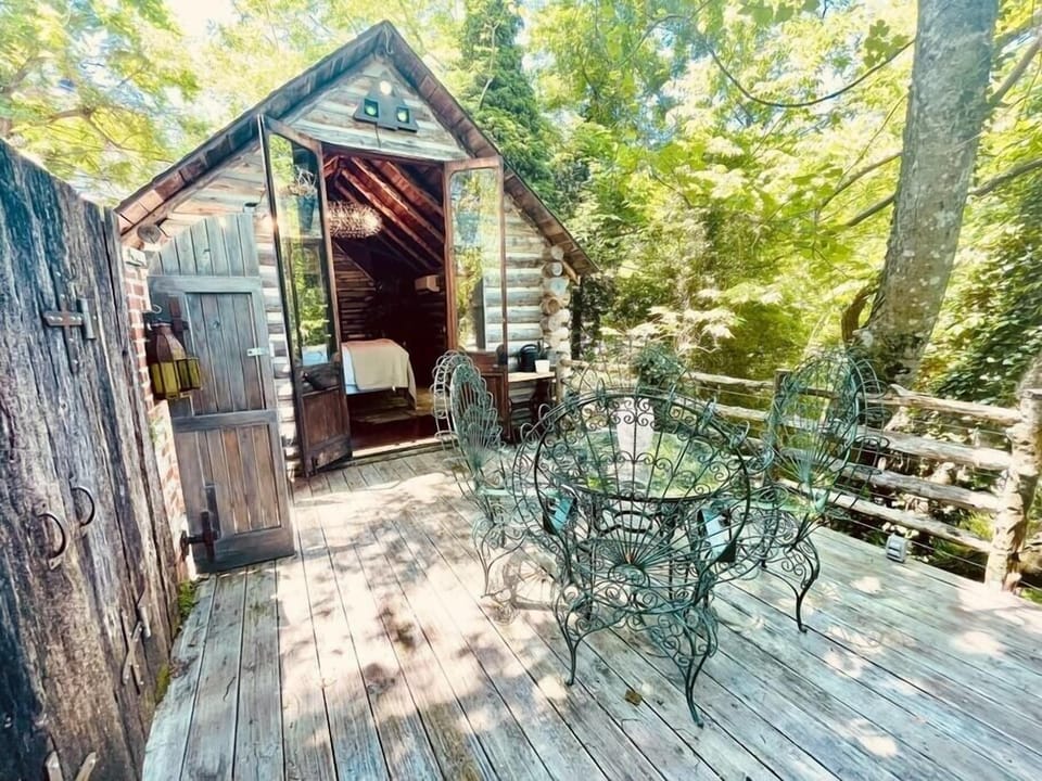 Literally feel like you are in a tree house when you are on the back deck! Vintage dining set is a g
