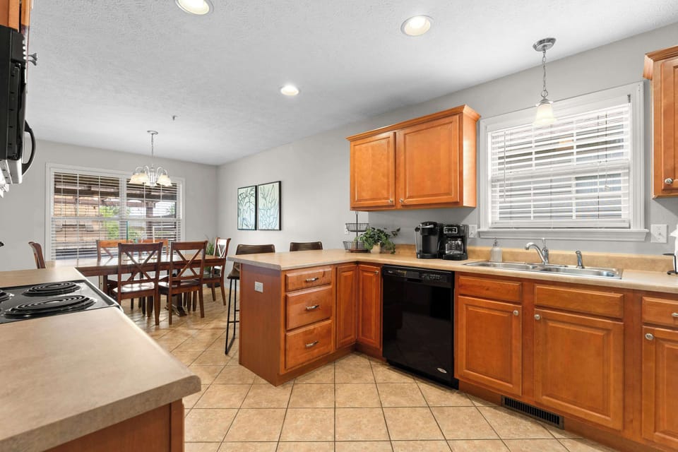 There’s a regular coffee pot, a Keurig, and a beautiful view of the backyard!