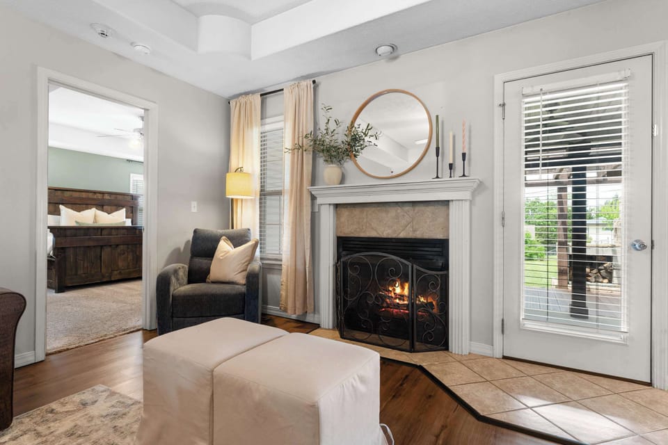 Enjoy a quiet morning by the fire in the cozy reading nook