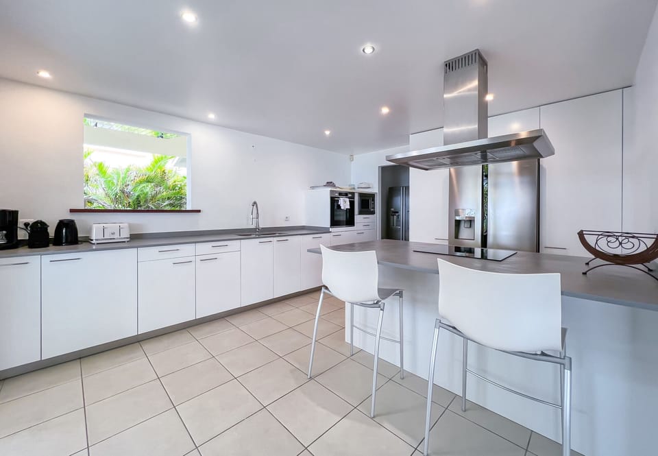 American kitchen with a hob, a hood, dishwasher, oven, microwave, American refrigerator with cold water dispenser and ice cube