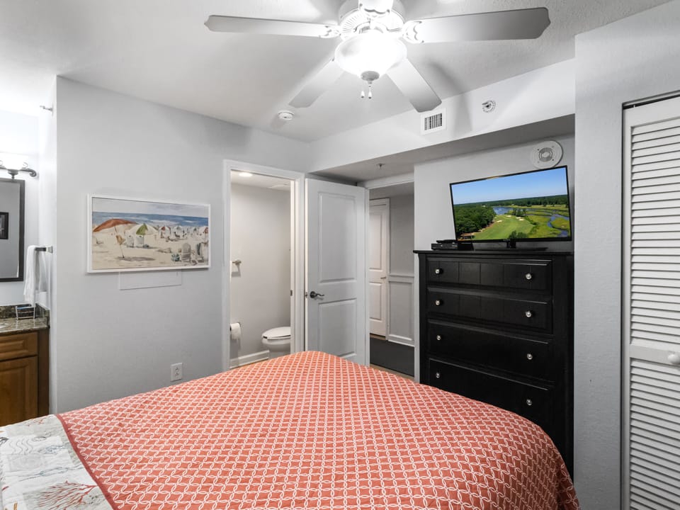 Unwind in your comfortable bedroom with entertainment at your fingertips and convenient storage for all your vacation essentials.