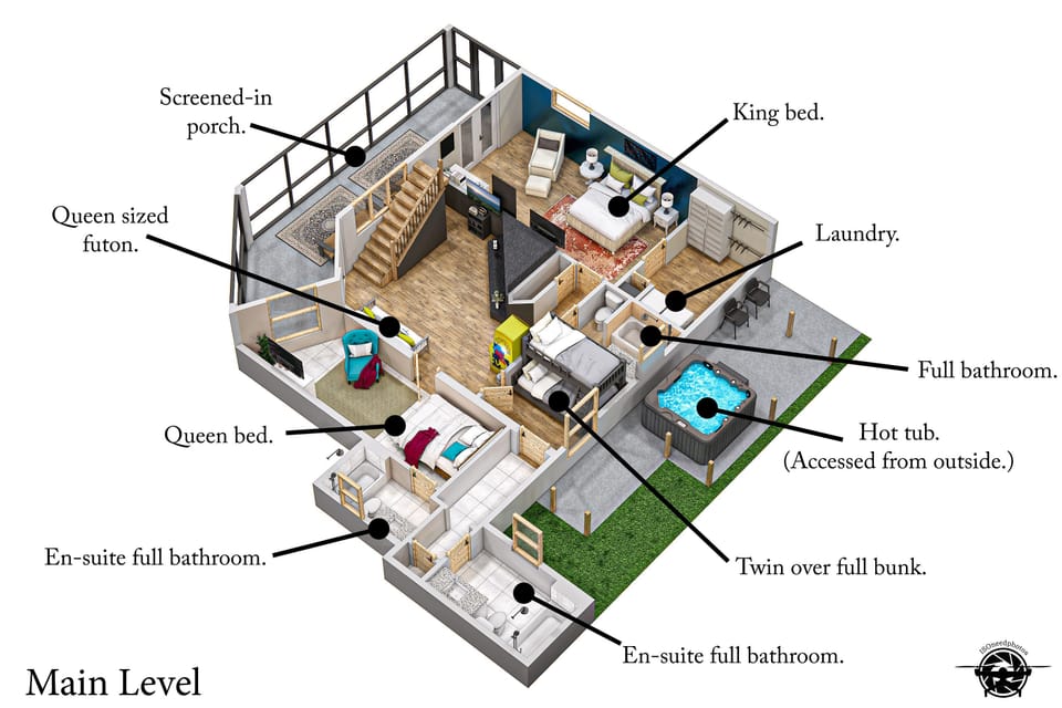 Explore the well-designed layout of our space with this detailed 3D floor plan. Visualize each room’s dimensions, furniture placement, and architectural features, giving you a comprehensive preview of the space and where the hot tub is accessed!