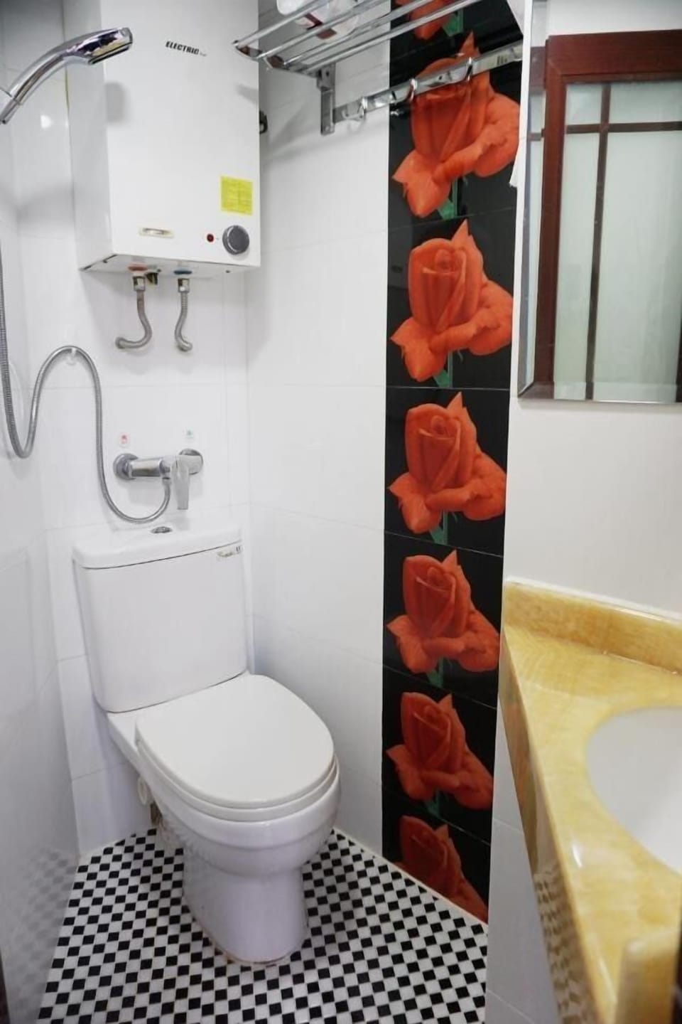 Shower, rainfall showerhead, hair dryer, slippers