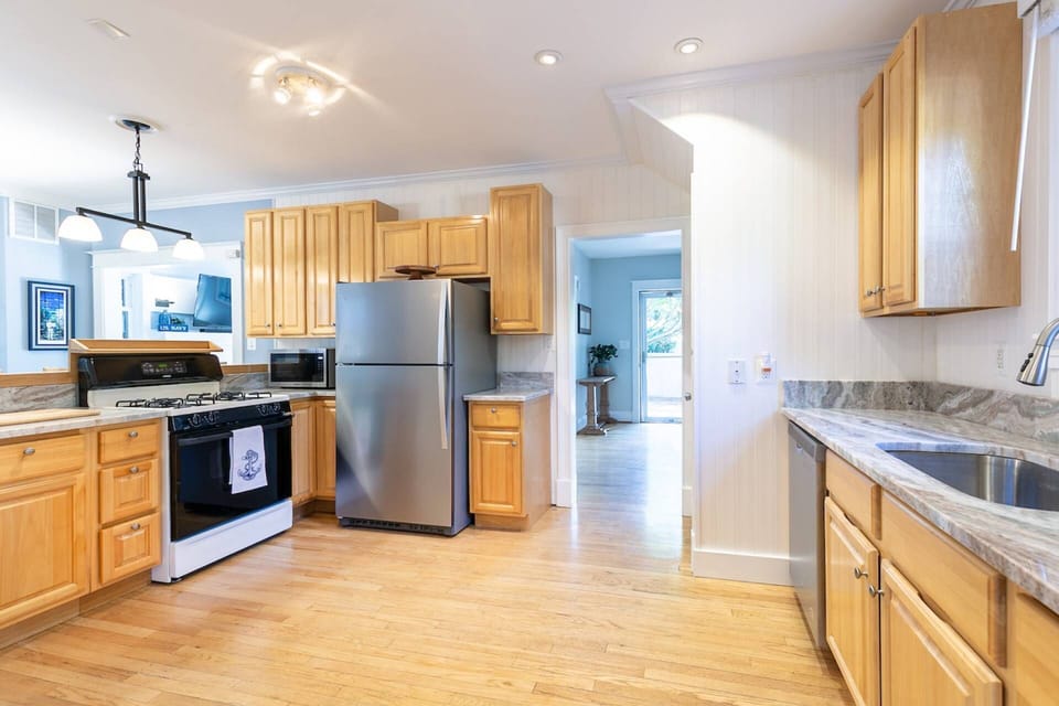 The kitchen's home is fully-stocked to cook a gourmet meal.