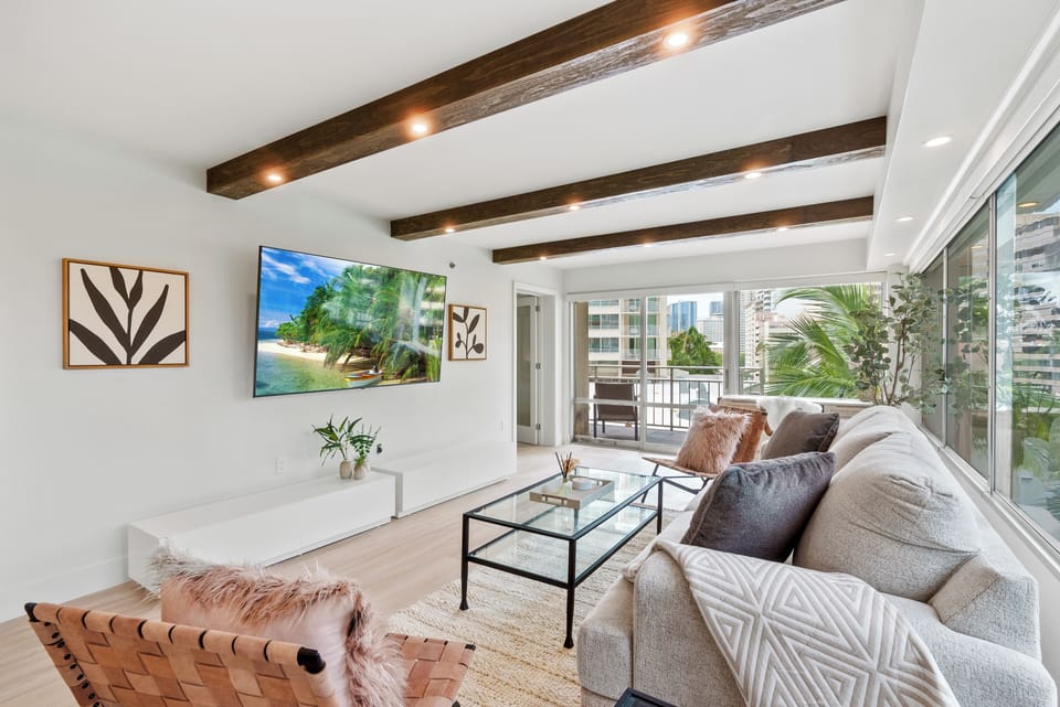 Living Room with Smart TV, AC, Sofa Bed, Workstation with Desk C