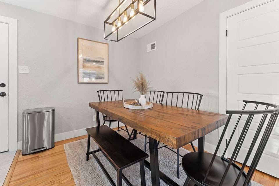 The dining table seats 6.