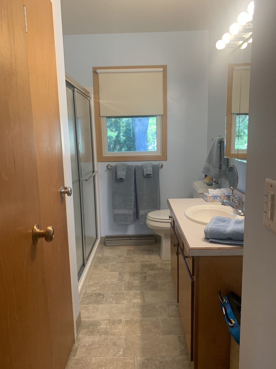 Main level bathroom has walk-in shower and storage closet.