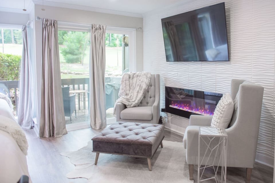 Cozy up with the lovely indoor fire place!