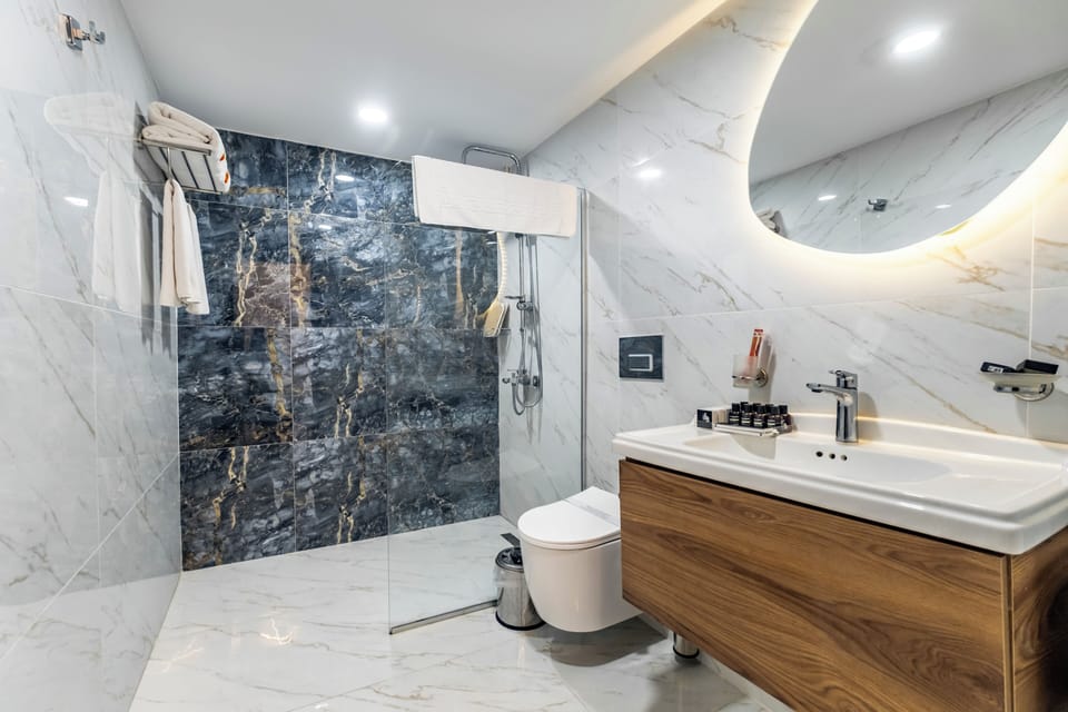 Deluxe Double Room | Bathroom | Shower, rainfall showerhead, hair dryer, bathrobes