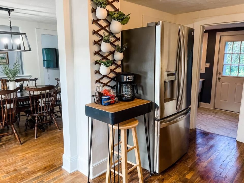 Coffee and tea station and stainless steel refrigerator with ice maker and water