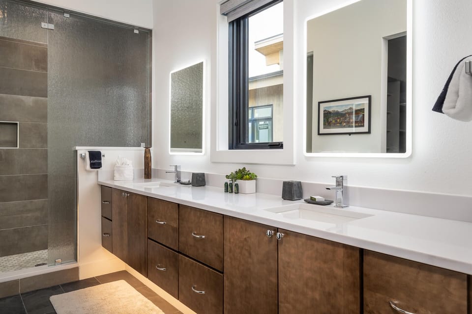 Dual vanities in the Primary ensuite bathroom