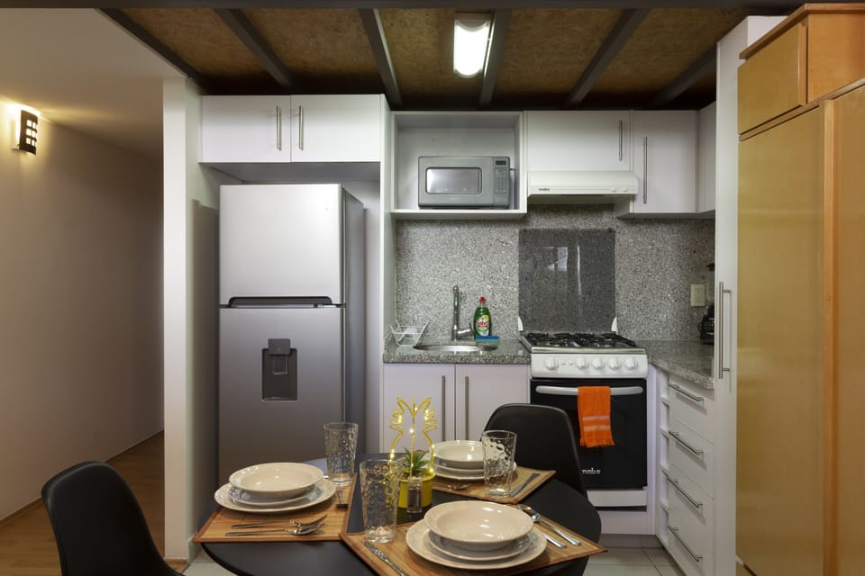 Microwave, blender, cleaning supplies, freezer