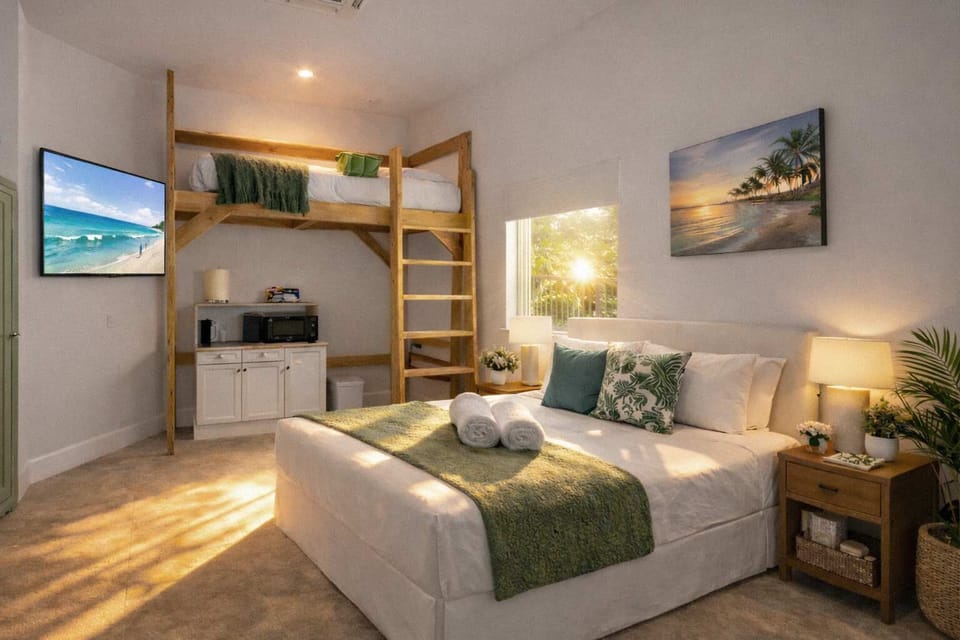 Luxury Resort Bedroom Suite with Loft Bed, Cozy Queen Sleeping Area, Sunset Lighting & Relaxed Coastal Design — Private Spaces, Good Life Vacation, Party Room Rental, Places to Rent Out, Goodlife Events & Venue Rentals San Diego