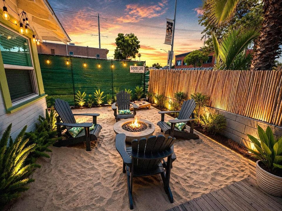 Bamboo House Fire Pit Lounge – Private Vacation Rental with Sandy Outdoor Seating, Sunset Ambiance & Tropical Lighting, Perfect for Family Reunions,  Weekends