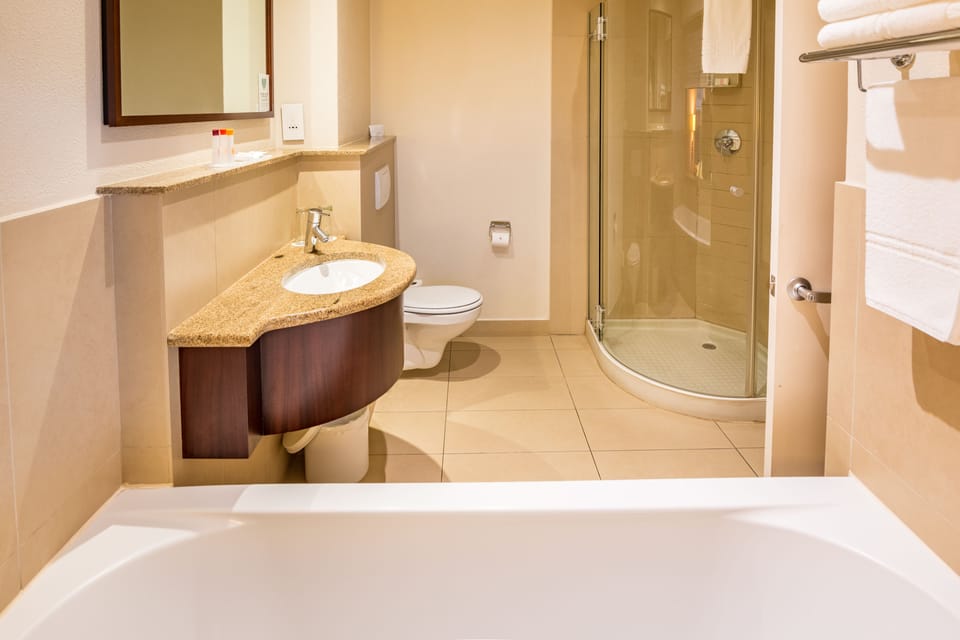 Separate tub and shower, free toiletries, hair dryer, bidet