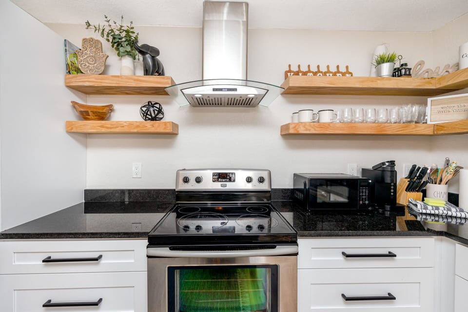 Spacious kitchen with all you need to prepare meals during your stay.
