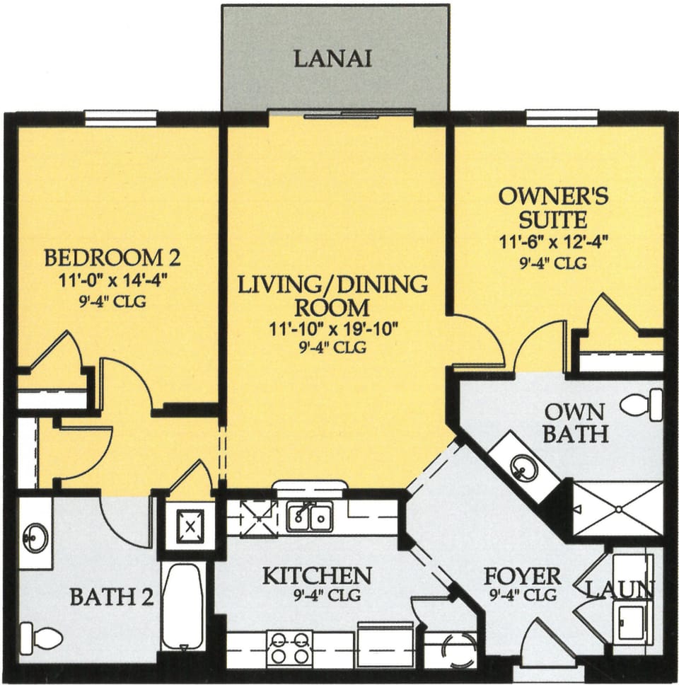 Floorplan of the 1112 sq feet / 103 m2, two bedroom, two bathroom condo