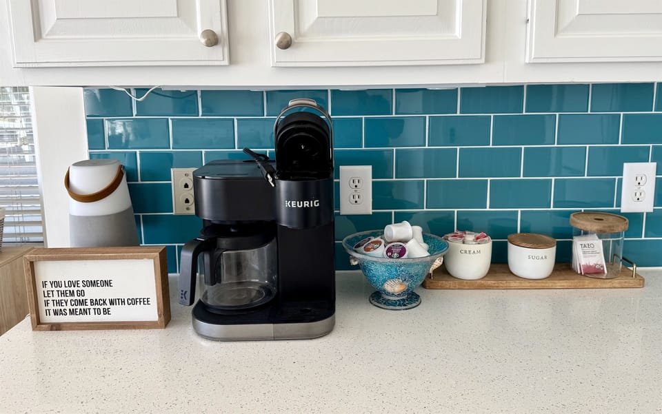 Coffee bar features a Keurig Duo with both a k-cup and a drip coffee maker