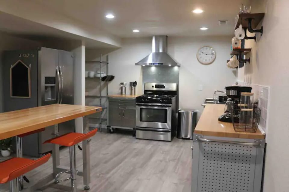 full kitchen view with refrigerator 