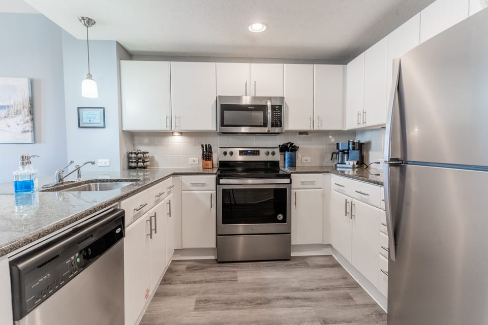 Fully stocked kitchen, Keurig Duo coffee maker, spices