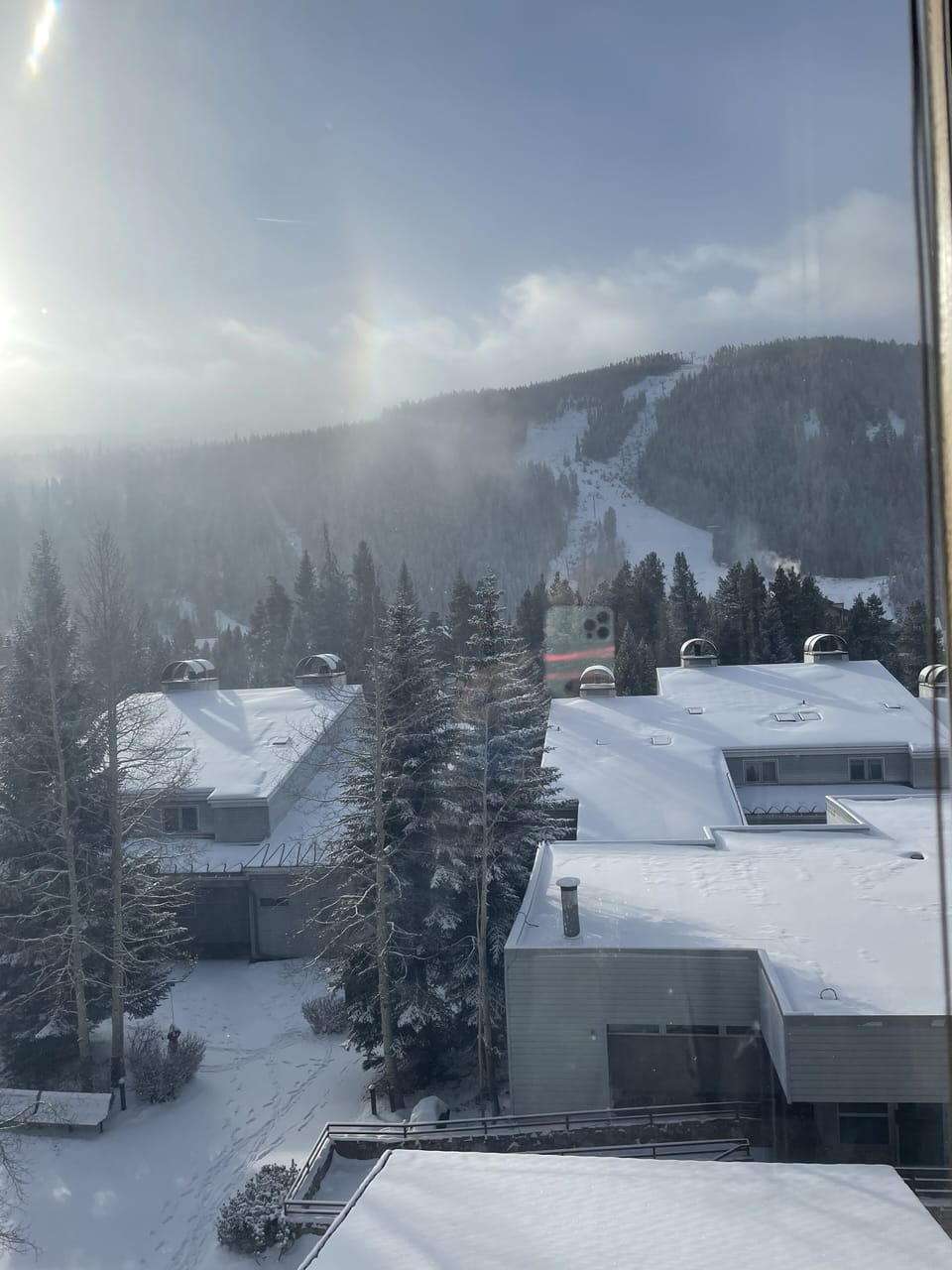 View from the living area of the slope/gondola.Kid's Ski School is to the right