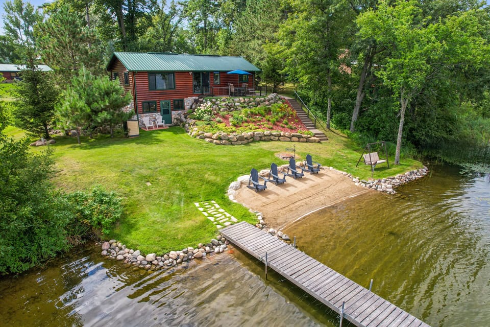 Sandy beach - shallow, clear water 
Patio with an AWESOME view of the lake! 