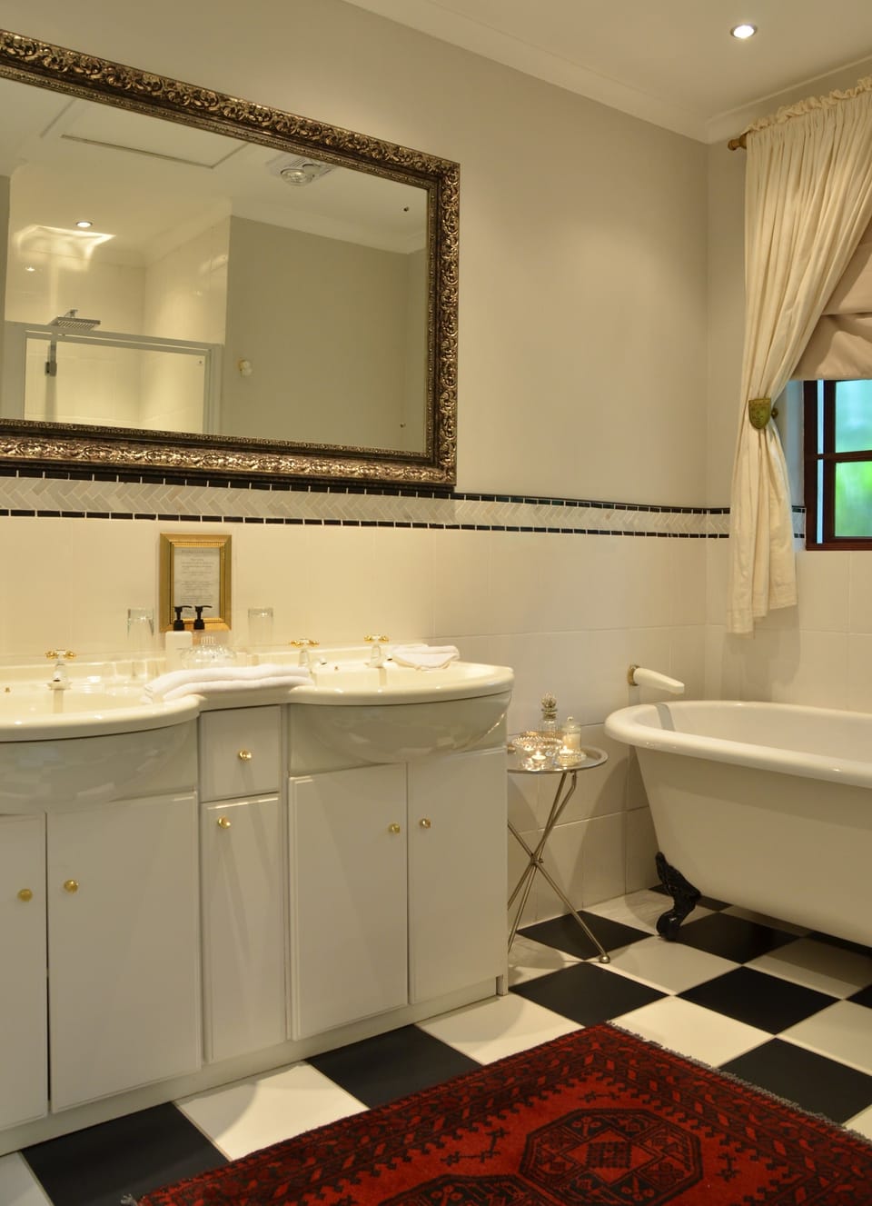 Separate tub and shower, deep soaking tub, designer toiletries