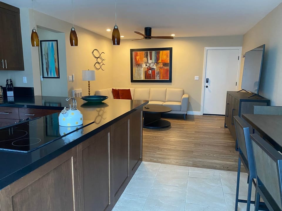 View to the living room and entry door. 