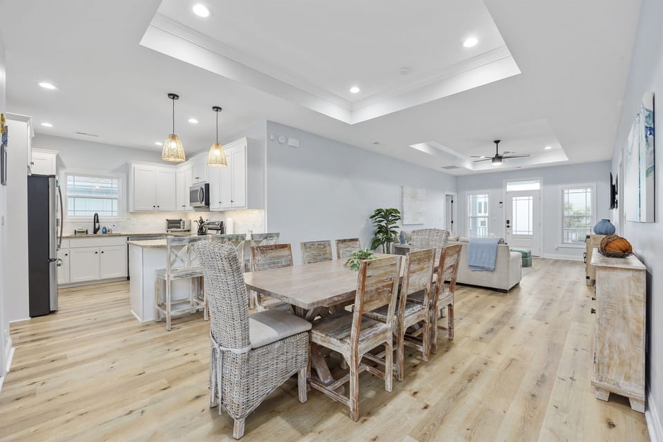 Experience a home cooked meal or take-out (your preference!) in the dining table that seats 8, or at the kitchen island (seats 3).