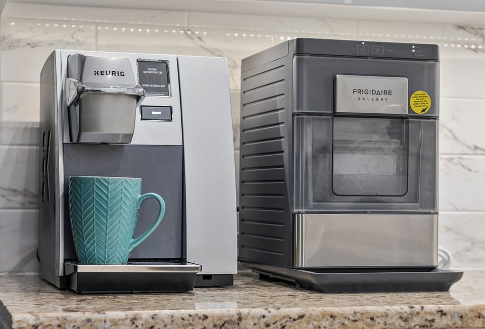 Wake up and head on over to the Keurig Machine, where you can enjoy your choice of 6oz, 8oz, 10oz and 12 oz coffees or tea. Add some ice from the ice maker and make it an Iced Coffee.