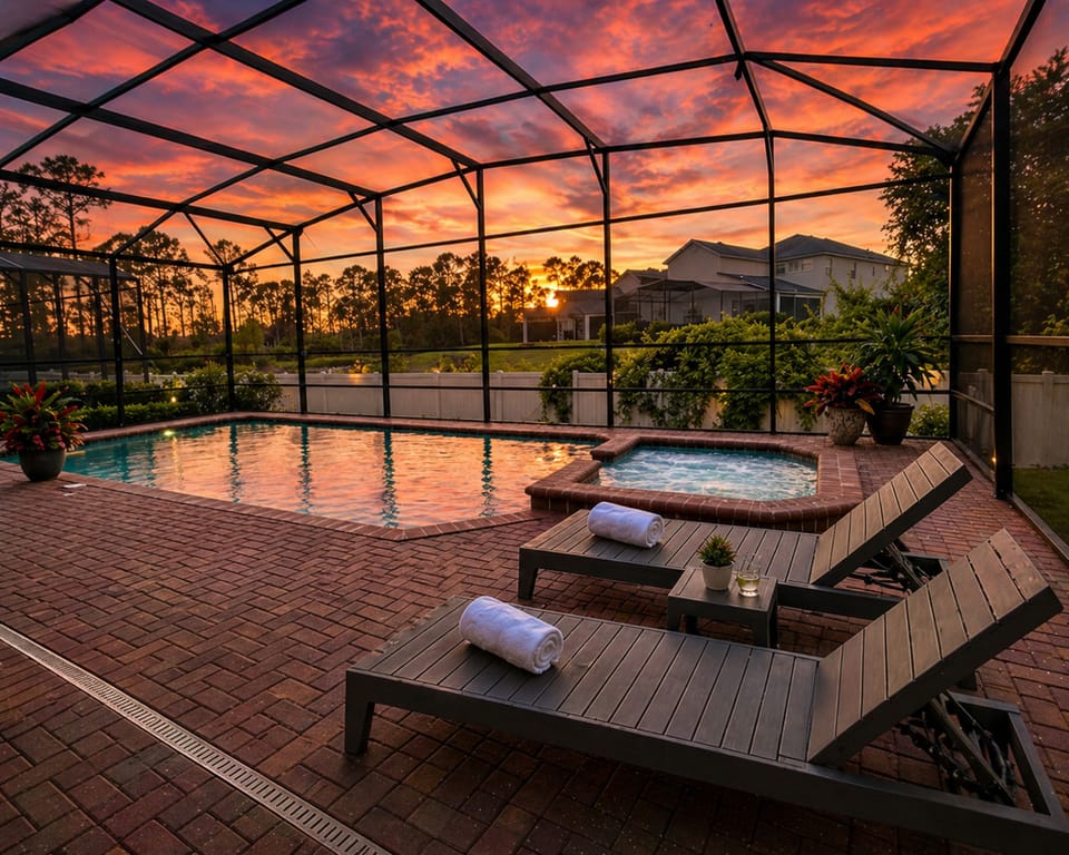 Screened pool & spa with child safety fence and sunset views—your private resort oasis.