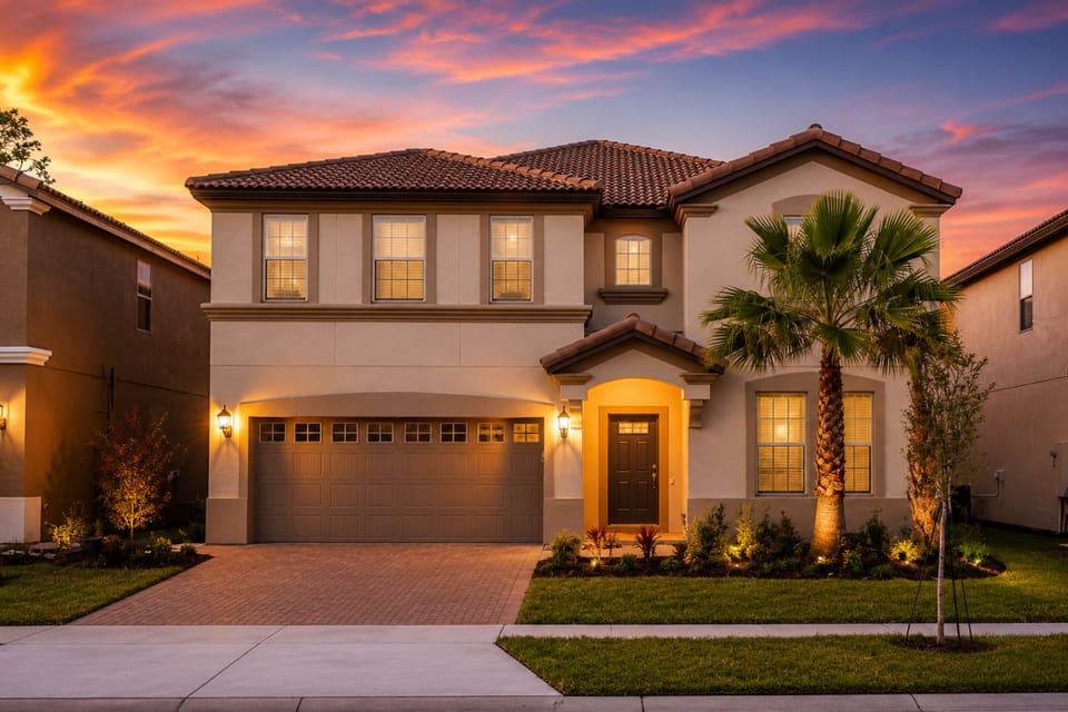 Stunning sunset view of this elegant two-story home with palm-lined curb appeal